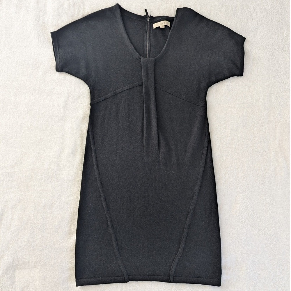 LOFT Sweater Dress Black Merino Wool Blend V-Neck Shift Sz S Minimalist Chic